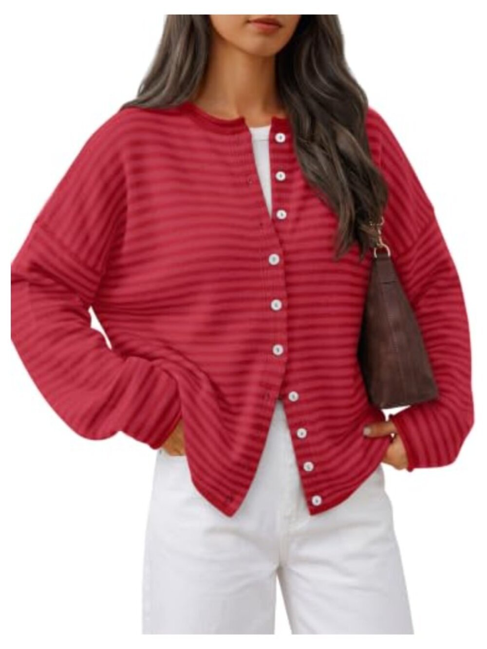 Oversized Striped Rolled Edge Button Cardigan Lightweight Knit Fall Layer